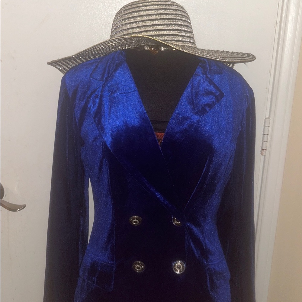 FashionNova like new Elegant Blue velvet double breasted Women's Coat/Blazer Lg - Picture 5 of 6